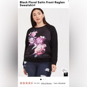 Torrid Black Floral Satin Front Raglan Sweatshirt